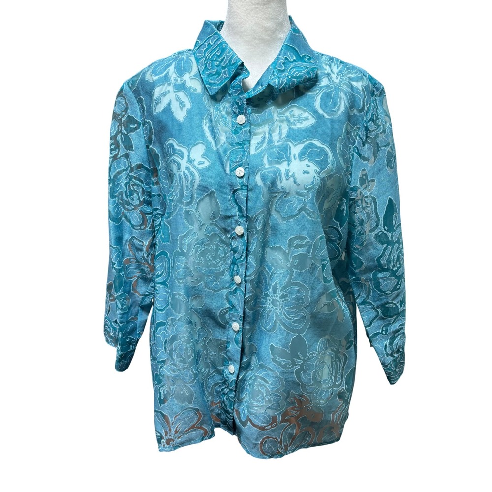 Elementz Teal Blue Burnout Floral‎ Button Up Shirt 3/4 Sleeve with Tank L #K85